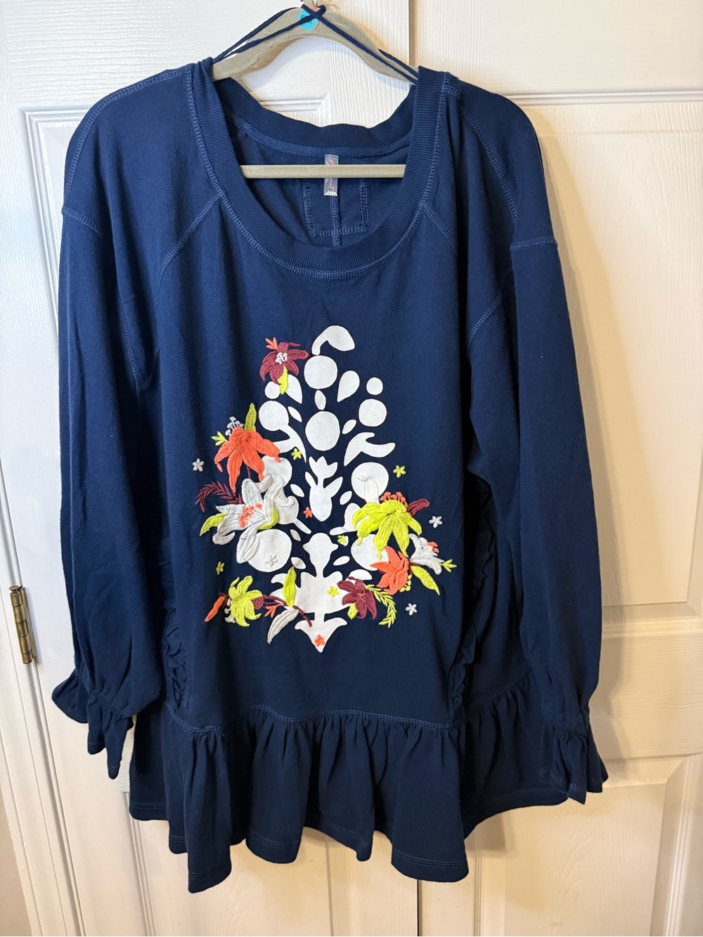 Free People Spring Forward Tunic Embroidered Floral Peplum Sweatshirt